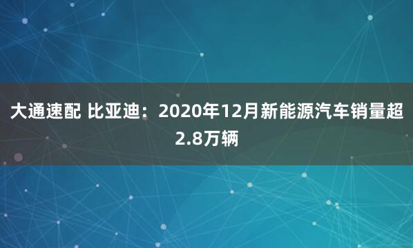 大通速配 比亚迪：2020年12月新能源汽车销量超2.8万辆